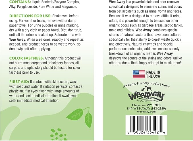 Wee Away Original Formula Concentrated Stain & Odor Remover, Enzyme Cleaner, Pet Urine Odor Eliminator for Home - Pet Mess Destroyer for Carpet & Furniture, Green Tea Scent, 32 fl oz