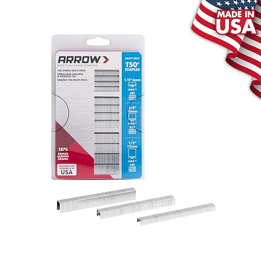 ARROW 50MP T50 Heavy Duty Staples Multipack, Staples for Upholstery, Crafts, General Repairs, Includes 1/4", 3/8" and 1/2" Sizes, 3/8" Crown Size, 1875-Pack