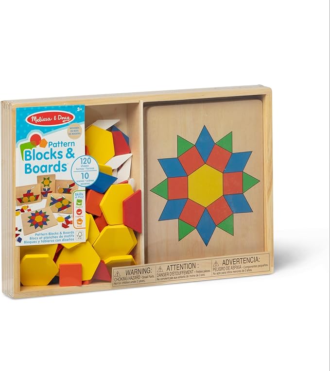 Melissa & Doug Pattern Blocks and Boards with 120 Multi-Colored Wooden Shape Tiles, 5 Double-Sided Puzzle Boards, Tangram Puzzles, Montessori Toys for Girls & Boys