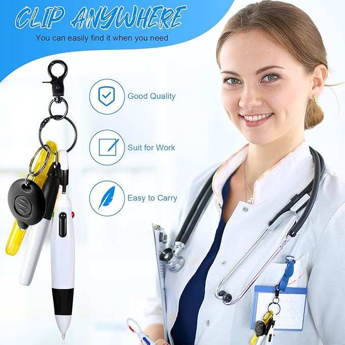 Chinco 30 Pcs Retractable Shuttle Pen Clip with Mini Highlighter Nurse Badge Pen Neon Marker LED Keychain Ring Clip