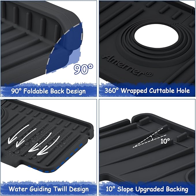 Kitchen Sink Splash Guard, 10° Large Slope & Adaptable Hole Faucet Mat for Kitchen Sink, Silicone Sink Organizer Sponge Holder for Kitchen, Bathroom, RV, Bar, 14.2” x 5.1”, Black