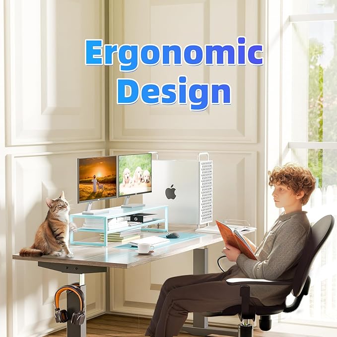 Simple Trending 2 Tier Metal Dual Monitor Stand Riser, Computer Office Desktop Organizer for 2 Monitors with 32"x10" Mouse Pad for Laptop, Printer, TV, Blue
