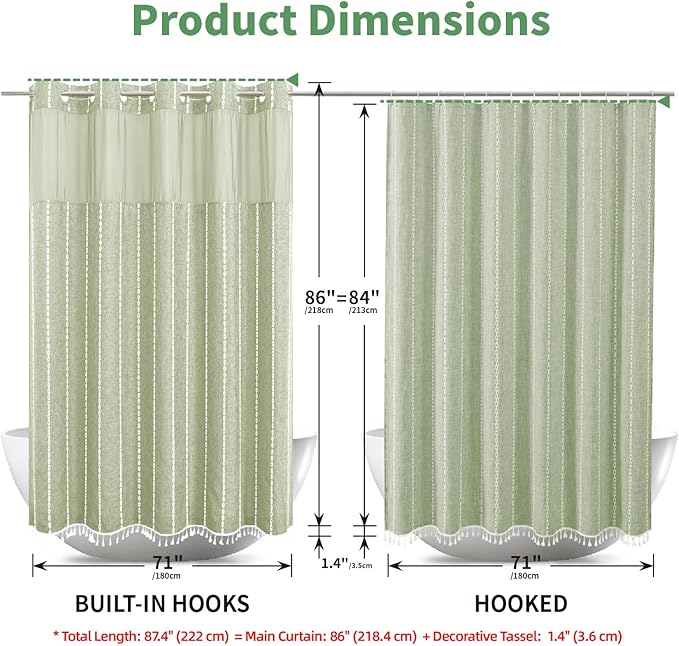 No Hook Extra Long Shower Curtain Set with Snap-in Liner,Linen Textured Thick Striped Fabric with Tassels,Boho Chic Modern Farmhouse Bathroom Curtain,Water-Repellent,Sage Green,71x86