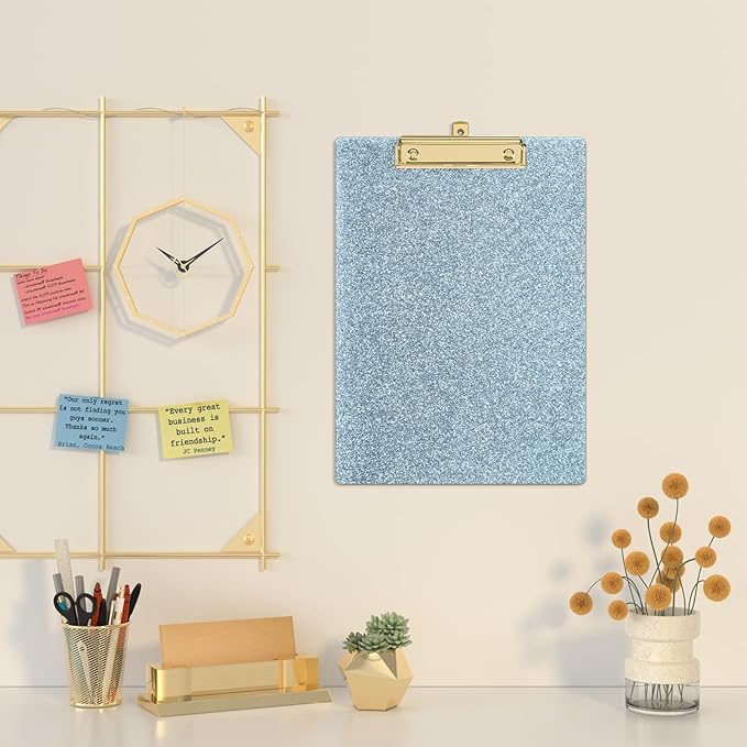 Piasoenc Acrylic Clipboards, Fashion Glitter Clip Board with Low Profile Gold Clip, Designed for Classroom School and Office Use, A4 Letter Size 9 x 12.5 in,Ice Blue