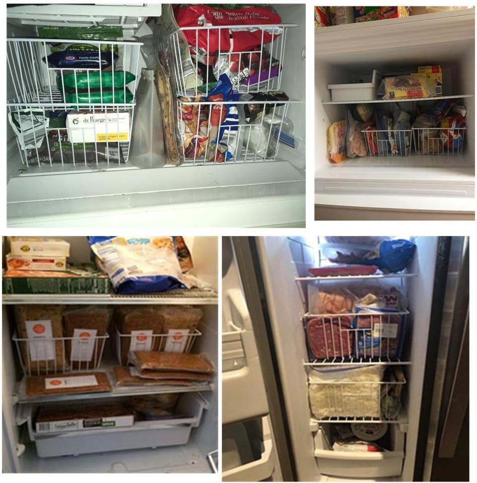 Upright Freezer Organizer Bins, Freezer Baskets for 14, 15 cu.ft Standup Freezer, Wire Storage Bins with Built-in Handles for Frozen Foods, Snacks, Vegetables, Fruits and More, 3Pcs , White