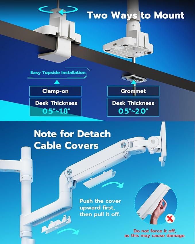 ARES WING Dual Monitor Arm for Ultrawide Heavy Duty Curved Monitor Stacking, Fits 17-49 Inch, Vertical Gas Spring Double Monitor Stand with USB, Adjustable Dual Monitor Mount for Desk, White