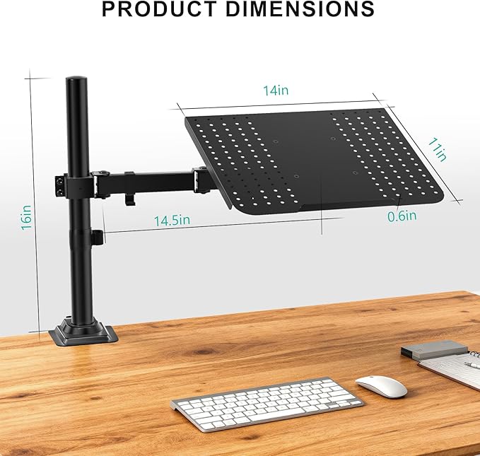 WALI Laptop Tray Desk Mount for 17inch Notebook, Fully Adjustable Laptop Arm up to 22lbs, Monitor Mount with Vented Cooling Platform Stand (M00LP), Black
