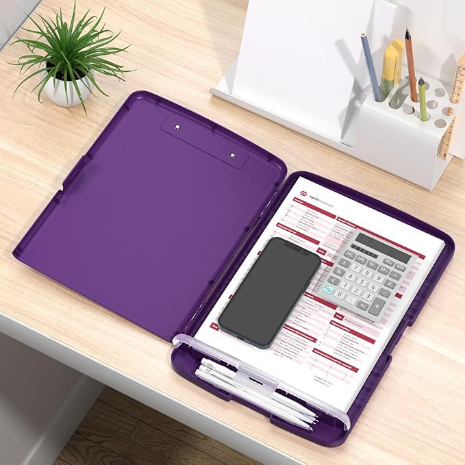 Rimilak Plastic Clipboard with Storage, 8.5 x 11 High Capacity Folio Nursing Case with Pen Holder, Size 14.2 x 9.6 x 1.2″ Folder Side-Opening for Classroom, Teacher, Smooth Writing, Deep Purple