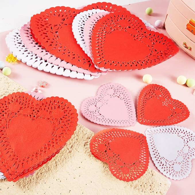 JOYIN 204 PCS Valentines Day Heart Doilies, Tableware Decoration, Home Activitie, Kitchen Disposable Table Doilies, Red White Pink Heart Crafts