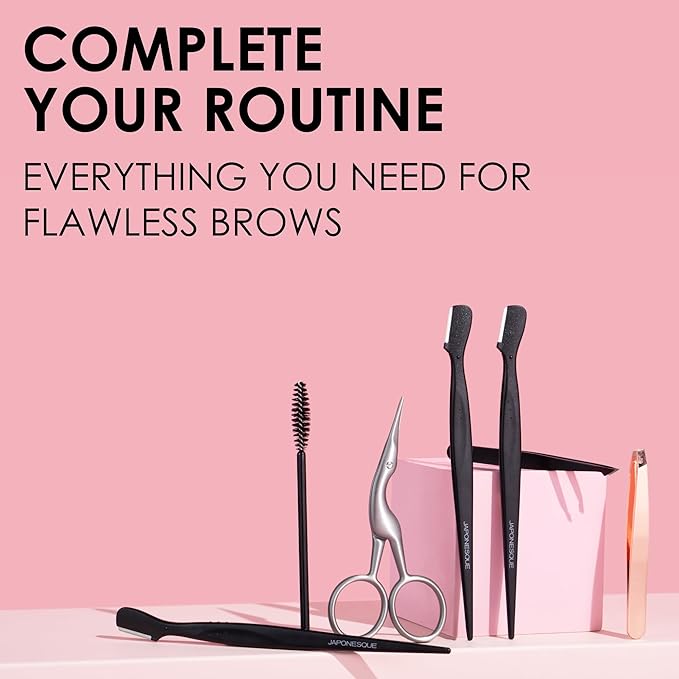 JAPONESQUE Brow Scissors and Spoolie, Stainless Steel Scissors for Brow Grooming and Trimming, Brush Tool for Brow Shaping