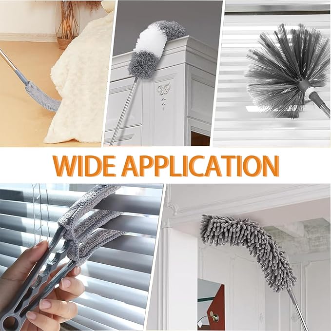 Microfiber Feather Duster Kit, 9PCS Dusters for Cleaning with 100-inch Extendable Pole, Bendable Reusable Washable Cobweb Duster for High Ceilings and Fans, Blinds, Cars and Furniture