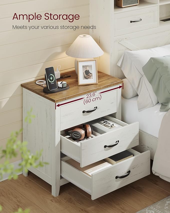VASAGLE LIRY Collection - Farmhouse Nightstand with Charging Station, Set of 2, Bedside Tables, Side End Tables with 3 Drawers, for Bedroom, Rustic White and Honey Brown ULET979W01