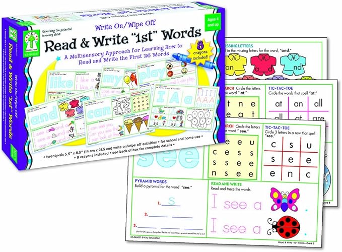Key Education Write On Wipe Off Reading and Writing Practice With Sight Words, Dry Erase Boards With Vocabulary Toddler Activities Ages 4 and Up, Preschool and Kindergarten Phonics