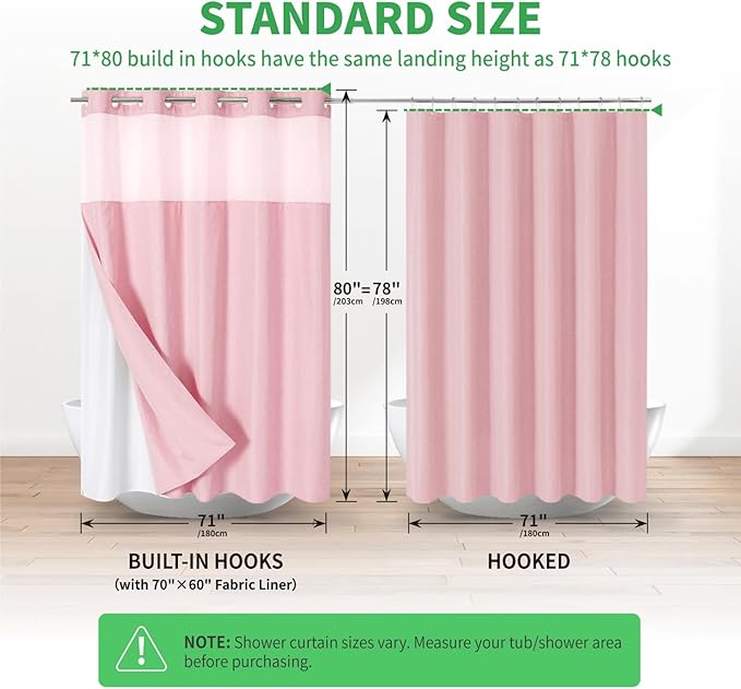 Long No Hooks Needed Linen Textured Shower Curtain with Snap-in Fabric Liner Set,Hotel Luxury Decor Shower Curtains for Bathroom,Waterproof & Washable,71Wx80H,Pink