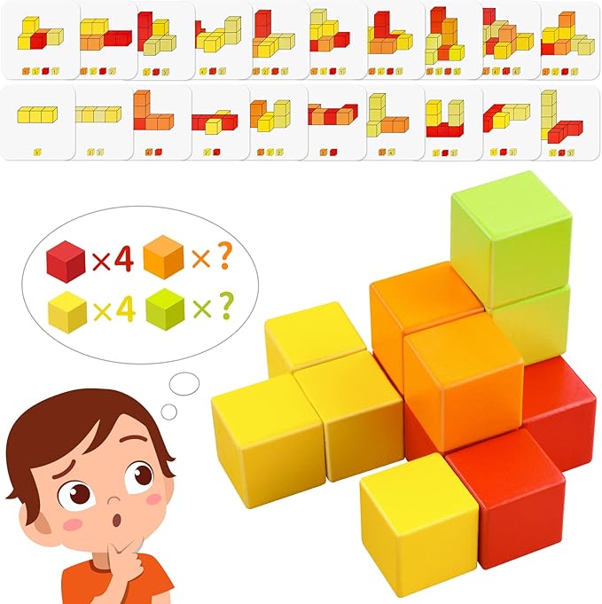 Wooden Cube Toy 16PCS Building Blocks for Kids 40 Pattern Cards and Storage Pouch, 4 Colors 3D Space Stacking Game STEM Educational Preschool Learning Sensory Toy Counting Math Color Cognition