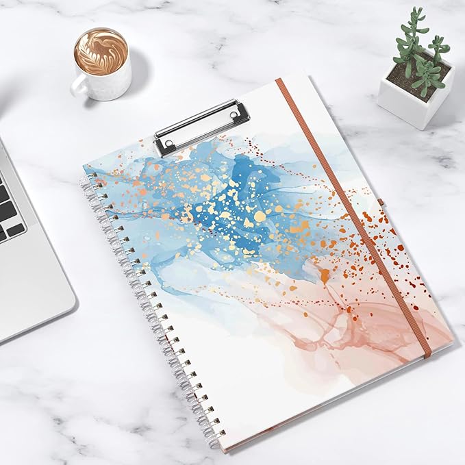 Rimilak Spiral Clipboard Folio with Refillable Lined Notepad, 14.5 x 9.8 In, Hardcover Cover with 5 Interior Pockets, Elastic Band and Pen Loop Series. Cute Stylish Clipfolio, Abstract Marble
