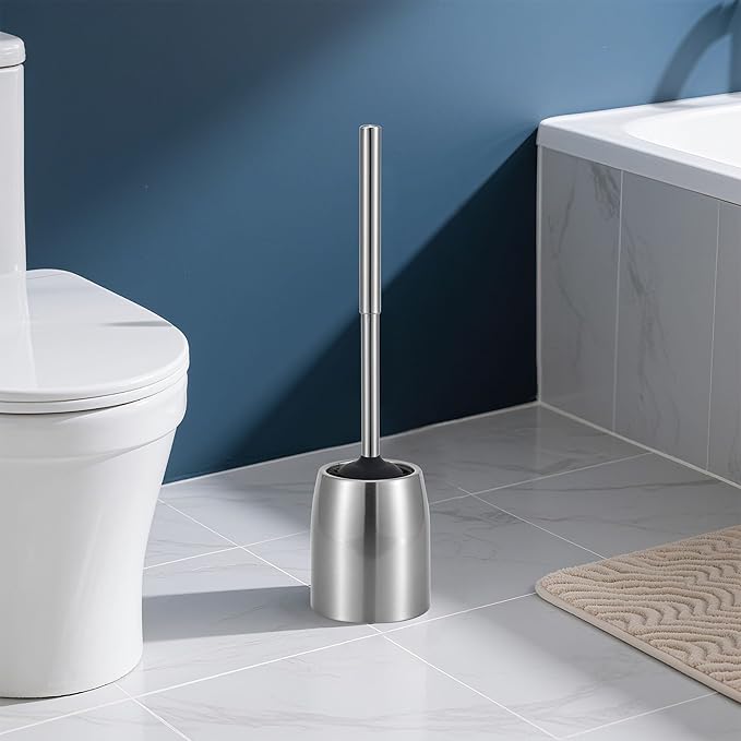 SUS304 Stainless Steel Toilet Brush and Holder Set Stain Nickle 12In Handle BristlesToilet Bowl Brush Cepillo para Baños Bathroom Brushes Cleaning Brush with Case Anti-Rust Brushed Silver