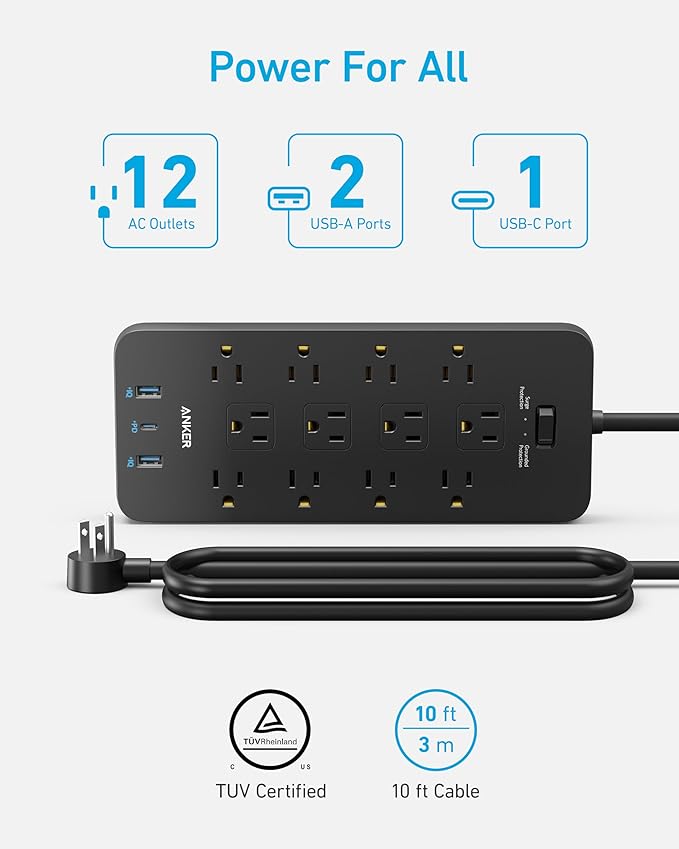 Anker Power Strip with 3 USB Ports, Surge Protector (2100J-10ft), 12 Outlets, 2 USB-A Ports and 1 USB-C Port, Works with iPhone 16/16 Plus/16 Pro/16 Pro Max, for Home, Office, TUV Listed (Pack of 2)