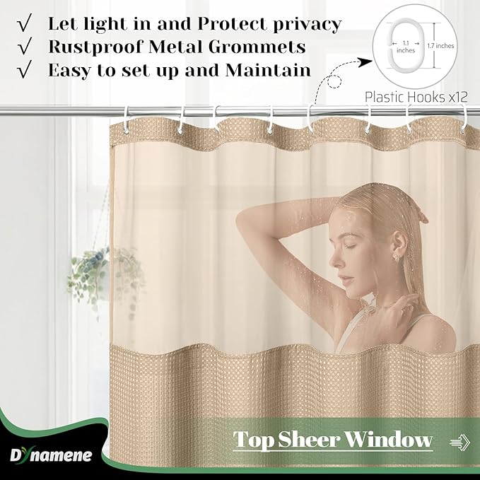 Dynamene 78 Inch Long Shower Curtain, Tall Waffle Fabric Shower Curtains for Bathroom, Hotel Waterproof Cloth Shower Curtain Liner Set with Hooks, Snap in Liner, Mesh Top Window, Beige, 72x78