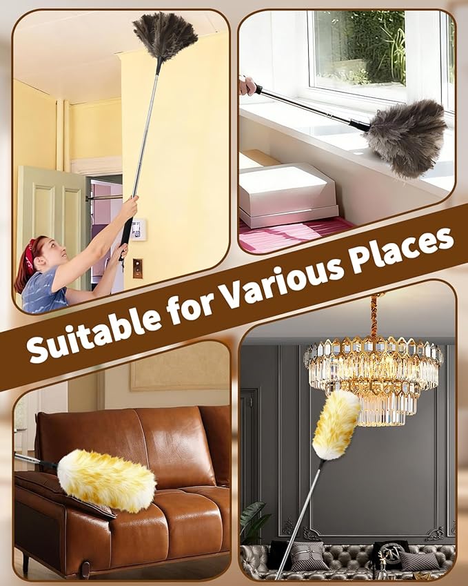 Extendable Ostrich Feather Duster with Bonus Wool Feather Duster Head - Natural Fluffy Non-Slip Handle Feathers Dusters for Cleaning Ceiling Fans, Blinds, Roof Dusting, High Surfaces (18-48 in)