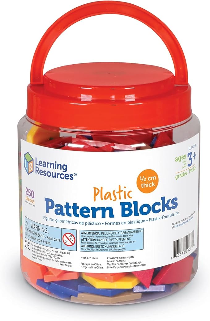 Learning Resources Plastic Pattern Blocks 250 Set - Classroom Must Haves, Math Teaching Tools, Homeschool Supplies, Math Manipulatives, 3+ Ages