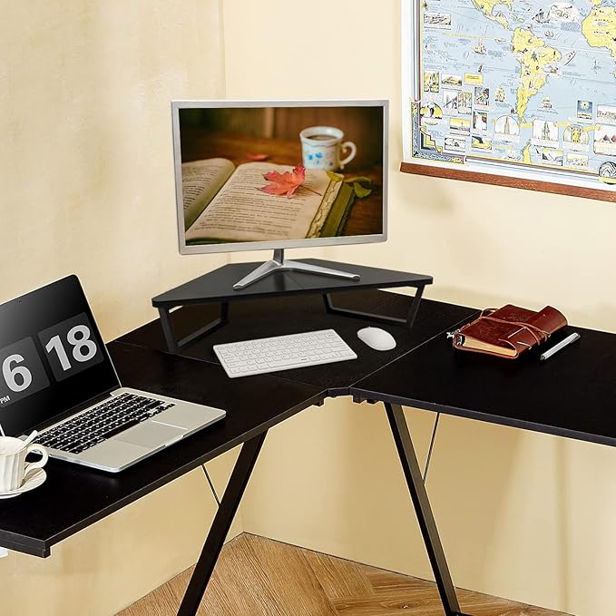 TEAMIX 26 inch Triangle Monitor Stand Riser, Desktop Corner Shelf with Metal Leg Wood Computer Stand with Storage Laptop Riser Office Organization