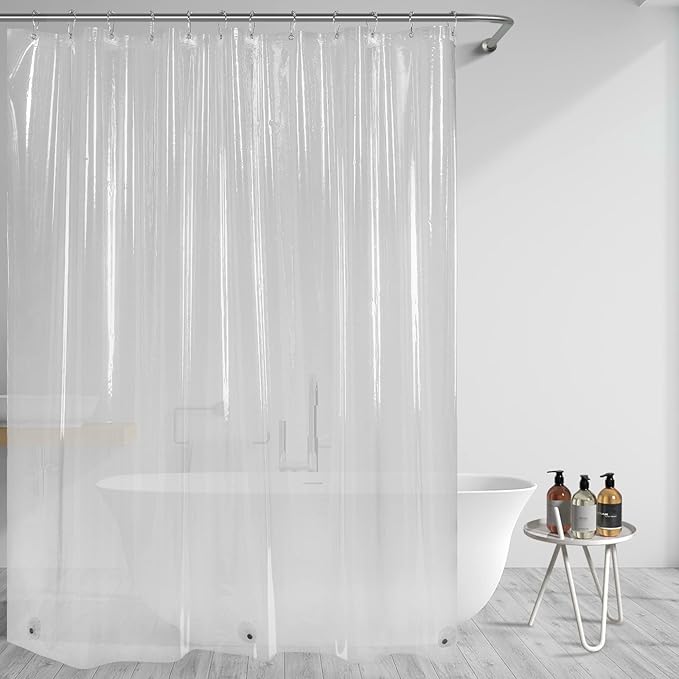 AmazerBath Clear Shower Curtain, 72x72 Plastic Shower Curtain, PEVA Waterproof Shower Curtain, Medium Weight Shower Curtains for Bathroom with 3 Weighted Magnets and 12 Rustproof Grommet Holes