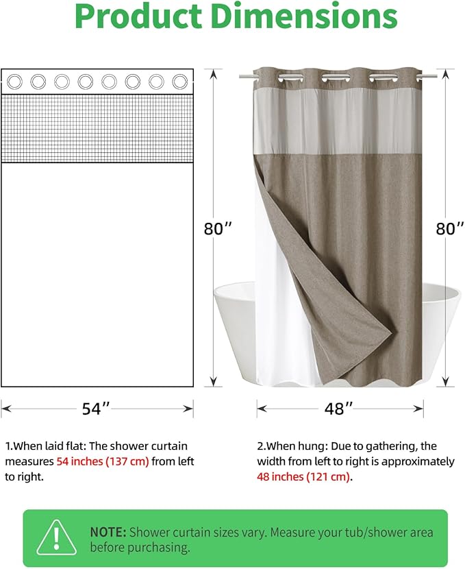 Stall No Hooks Needed Linen Textured Shower Curtain with Snap-in Fabric Liner Set,Hotel Luxury Decor Farmhouse Shower Curtains for Bathroom,Waterproof & Washable,54Wx80H,Khaki/Tan