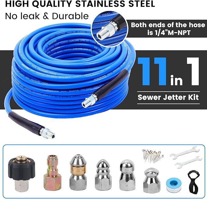 100FT Pressure Washer Sewer Jetter Kit, 5800 PSI Water Jet Drain Cleaner Hose with Corner Rotating Button Nose Nozzle, 1/4 Inch NPT, Kit Includes Sewer Jetting Nozzles and Spanner Handle Strap