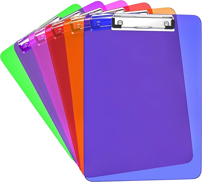 6 Pack Plastic Clipboards Colored Transparent Clear Clip Boards with Low Profile Metal Clip Board 12.5x9 Inch Letter Size Bulk Class Set Acrylic Clip Boards with Hanging Hook - Holds 100 Sheets