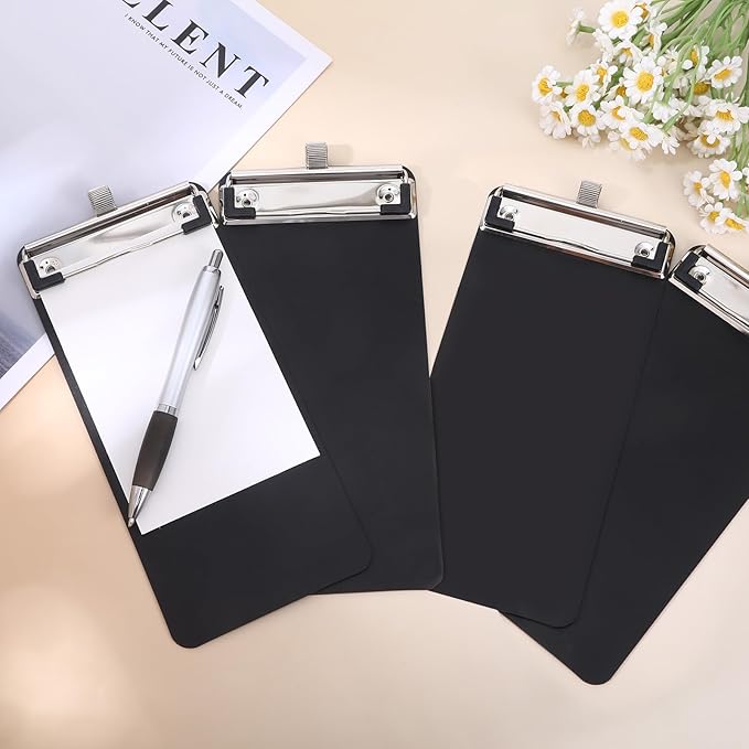 4 Pack Small Clipboards with Pen Holder 4X 8.66inch, Plastic Receipt Size Black Clipboard, Mini Clipboard with Retaining Clips, Narrow Memo Size Notepads for Tickets Home Restaurants Office School