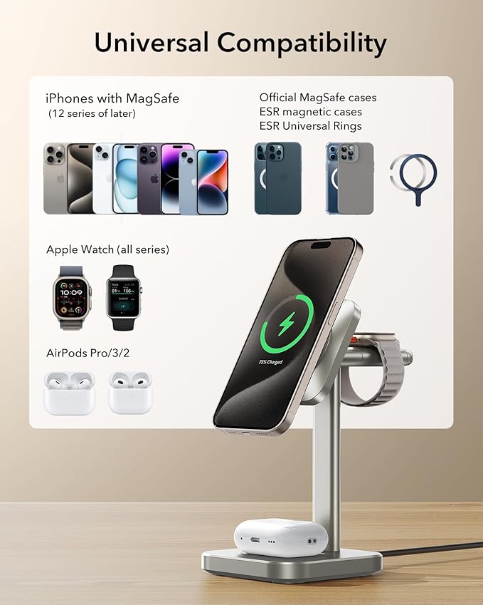 ESR for 3 in 1 Wireless Charging Station, Certified Apple Watch Charger, 15W MagSafe Charger Stand, Wireless Charger for Multiple Devices iPhone 17/16/15/14/13, Watch, AirPods, Natural Titanium