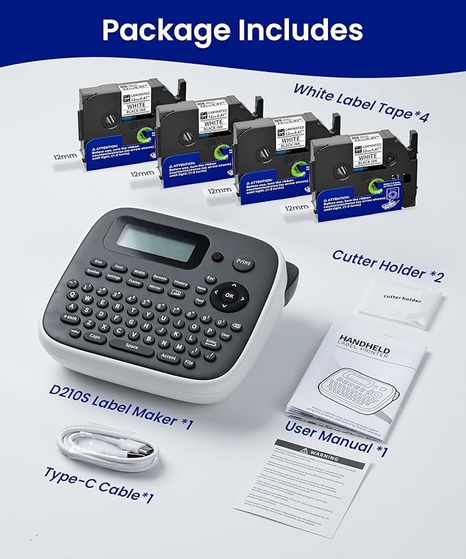 Label Maker, Labeler Machine with 4 Tapes, 12mm 0.47 Laminated White, D210s Desktop Label Printer for File Folder Labels/Daycare Name Tags, School Office Teacher Supplies