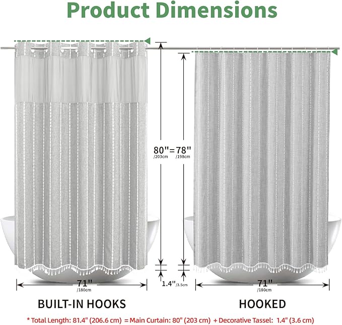 No Hook Long Shower Curtain Set with Snap-in Fabric Liner,Linen Ultra Thick Fabric with Tassels,Boho Chic Modern Farmhouse Country Neutral Cloth Shower Curtains for Bathroom,Grey/Gray,71x80