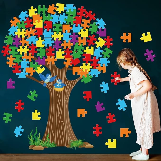 chiazllta Classroom Tree Bulletin Board Set, Puzzle Pieces Cutout Back to School Bulletin Board Tree School Classroom Wall Door Decoration Supplies for Elementary Kindergarten Teacher Chalkboard Decor