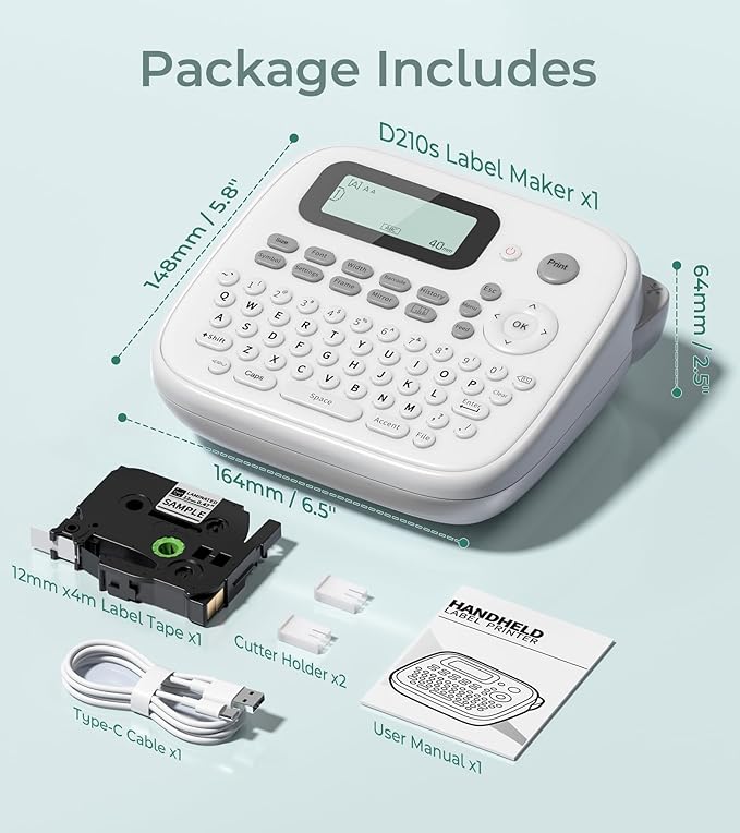 Label Maker Waterproof Labels, Labeler Machine with Tape, D210s Labeling Maker, 16+ Bolder/Handwritten Fonts & Intuitive Shortcut Keys, 12mm Removable Freezer Food Labels for Jars/Containers/Bottle