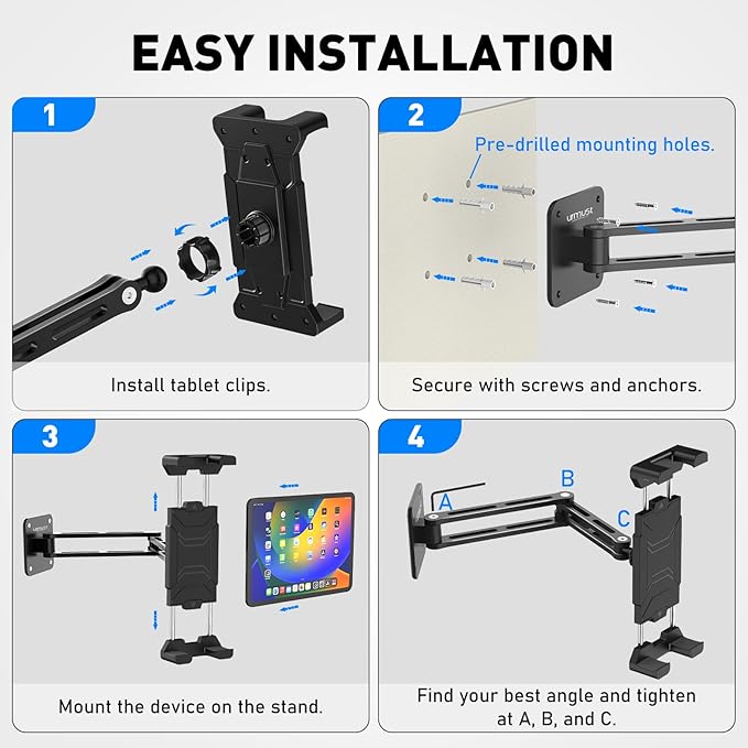 Urmust Tablet Wall Mount Holder for iPad, 360°Rotation Adjustable Tablet Stand Holder with Aluminum Extendable Arm, for iPad mini/Air/Pro/Galaxy Tab/Kindle, All 4.7-15.6" Phones & Tablets