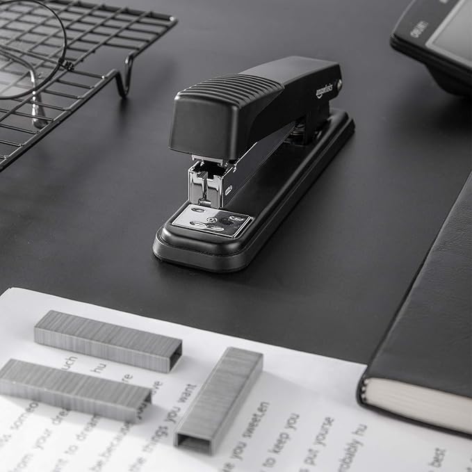 Amazon Basics Full-Strip Metal Office Desktop Stapler, 20 Sheet Capacity, Non-Slip, Black, 3-Pack