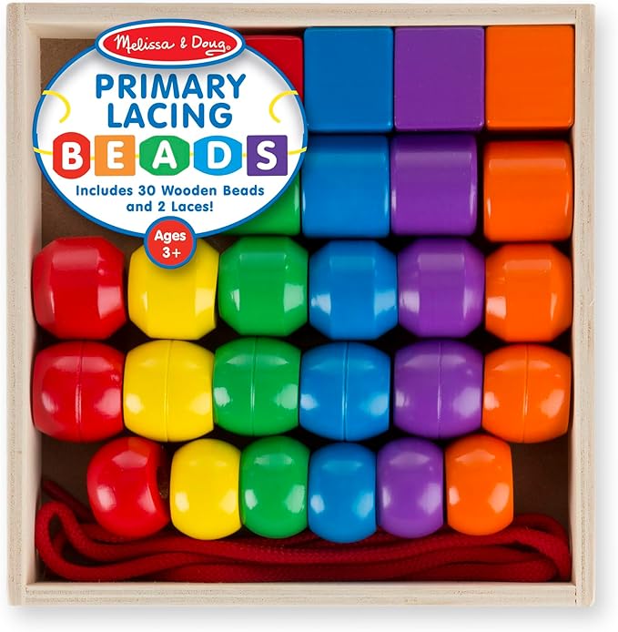 Melissa & Doug Primary Lacing Beads – 30 Wooden Beads for Crafts & 2 Laces in Toy Storage Box, Small Beads for Kids Arts and Crafts Kits, Preschool Learning Toys for Girls & Boys Ages 3+
