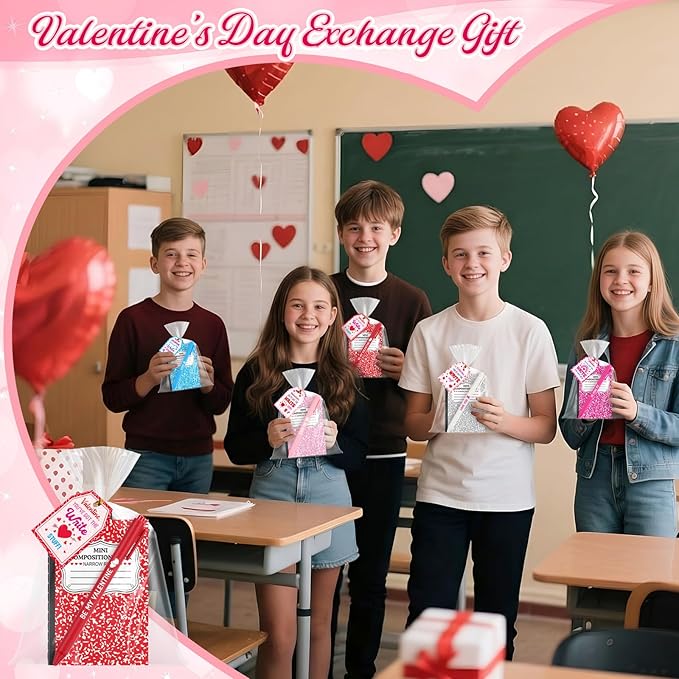 Pajean 96 Pcs Valentine's Day Stationery Set 24 Valentine's Day Notebooks with 24 Pens 24 Cards 24 Gifts Bags for Home Valentines Exchange Gifts School Classroom Office Party Favors Supplies