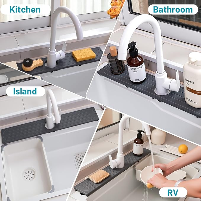 Fast Drying Stone Faucet Mat for Kitchen Sink with Raised Feet, Water Absorbent Diatomite Stone Sink Tray, Faucet Sink Splash Guard, Prevents Moisture Buildup, Durable Protector for Bathroom Counter