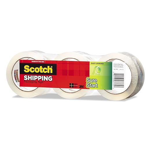 Scotch Sure Start Shipping Packaging Tape, 1.88" x 54.6 yd, Designed for Packing, Shipping and Mailing, Quiet Unwind, No Splitting or Tearing, 3" Core, Clear, 3 Rolls (3450-3)