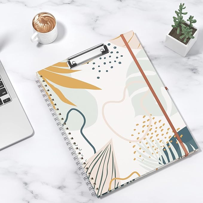 Rimilak Spiral Clipboard Folio with Refillable Lined Notepad, 14.5 x 9.8 In, Hardcover Cover with 5 Interior Pockets, Elastic Band and Pen Loop Series. Cute Stylish Clipfolio, Bohe Leaves
