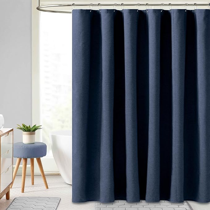 BTTN 78 Inch Long Shower Curtain - Linen Textured Thick Weighted Fabric Shower Curtain Set with 12 Hooks, Tall Neutral Heavy Duty Waterproof Polyester Shower Curtains for Bathroom - 72x78 - Navy Blue