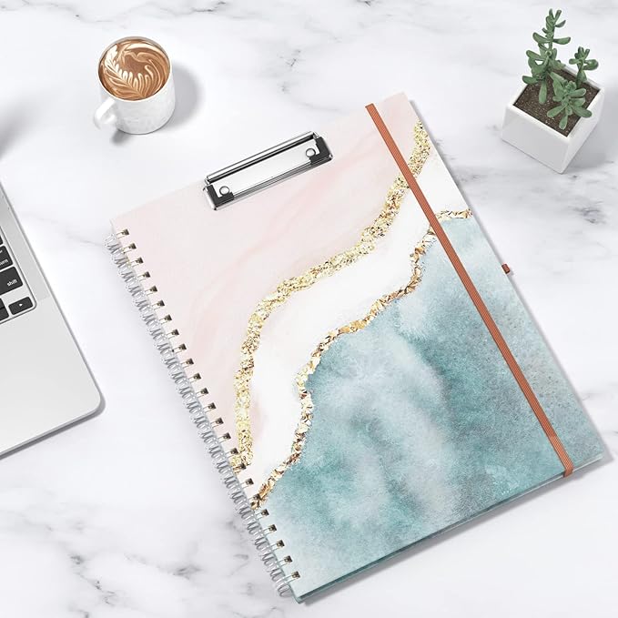Rimilak Spiral Clipboard Folio with Refillable Lined Notepad, 14.5 x 9.8 In, Hardcover Cover with 5 Interior Pockets, Elastic Band and Pen Loop Series. Cute Stylish Clipfolio, Pink Gold Marble