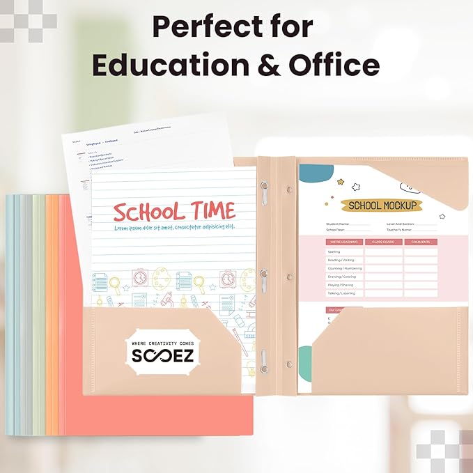 Sooez Plastic Folders with Pockets and Prongs, 6 Pack Pocket Folders with Prongs, Heavy Duty 3 Prong Folder with 2 Pocket for Document, Colored File Folders Back to School Supplies, Light Retro