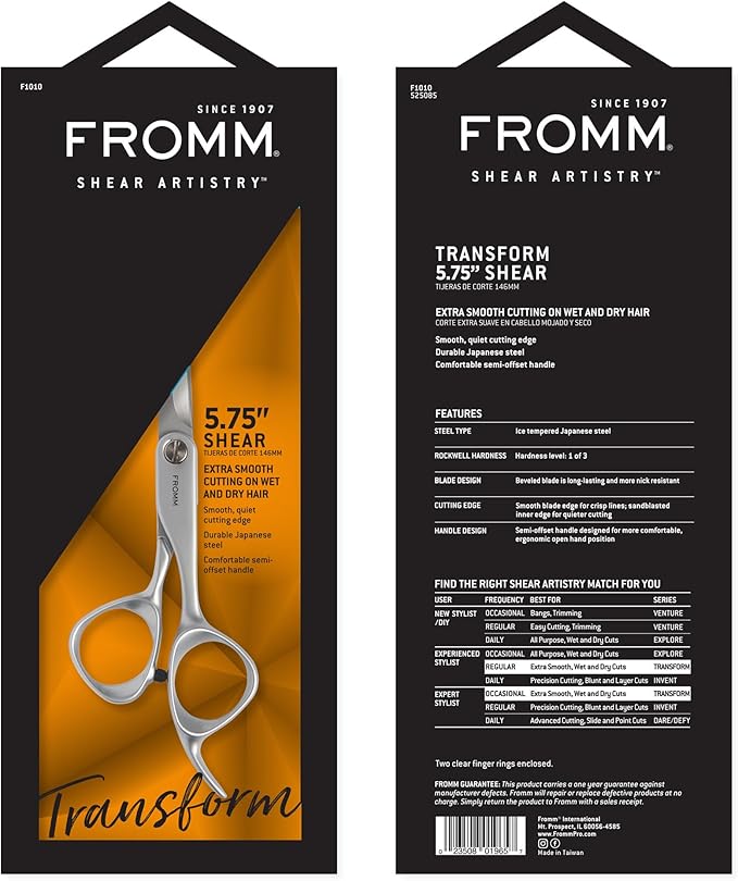 Fromm Professional Transform 5.75" Extra Smooth Hair Cutting Shears on Wet & Dry Hair in Matte Silver Japanese Steel Scissors with Beveled Blade for Experienced & Expert Stylists