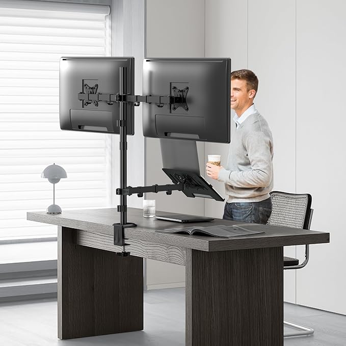 Dual Monitor Stand and Laptop Mount Fit Two 17 to 32 Inch Monitor and 10 to 17 Inch Laptop,Extra Tall Adjustable Stand,19.8 lbs Weight Capacity per Arm,Black