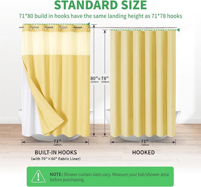Long No Hooks Needed Linen Textured Shower Curtain with Snap-in Fabric Liner Set,Hotel Luxury Decor Shower Curtains for Bathroom,Waterproof & Washable,71Wx80H,Gold