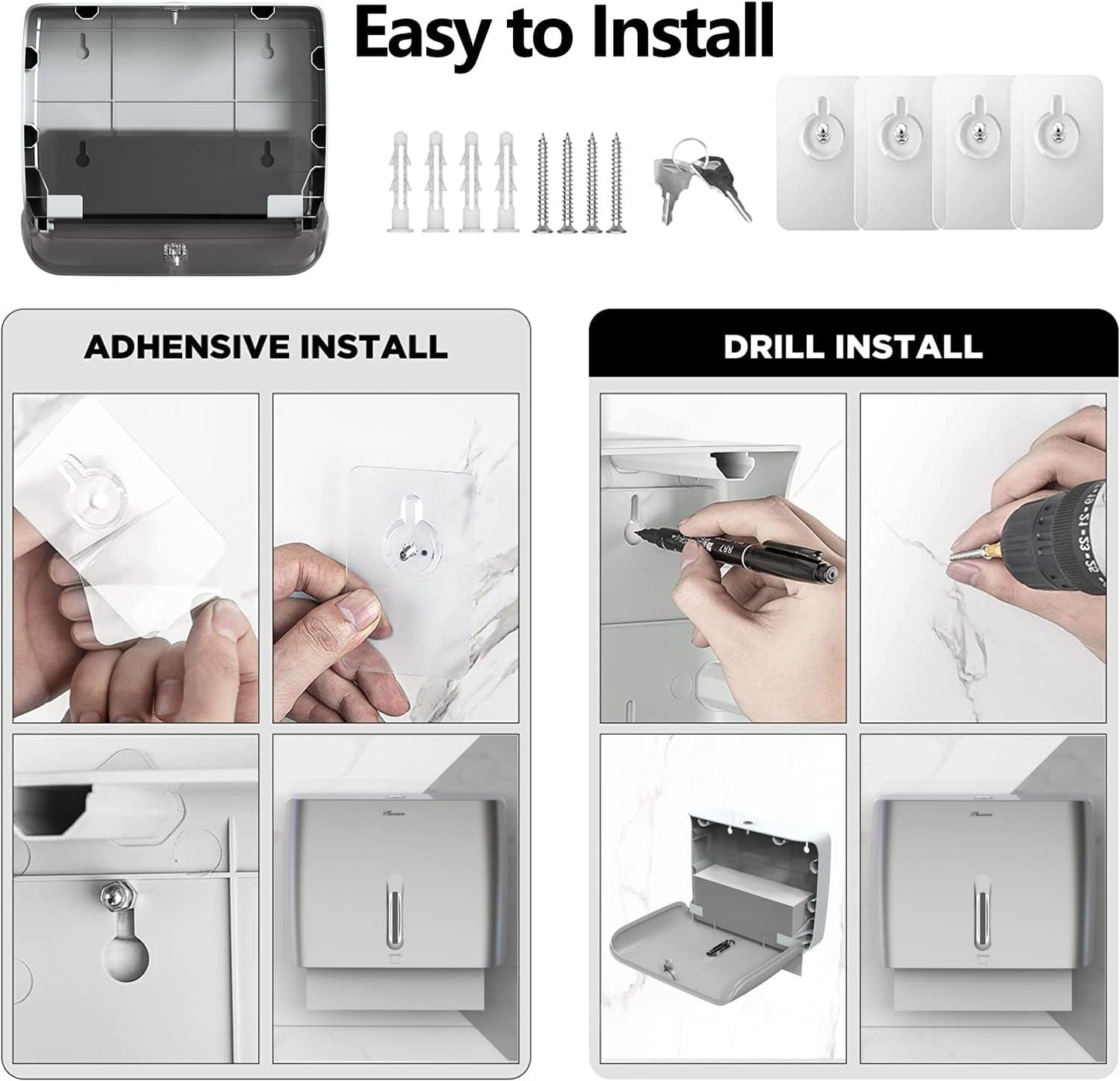 Paper Towel Dispenser Wall Mount Commercial & Home Use ABS Matte Silver Gray with Window Holds 200 C/Z/Multi-Fold Towels Includes Hardware & Key Bathroom Paper Towel Holder